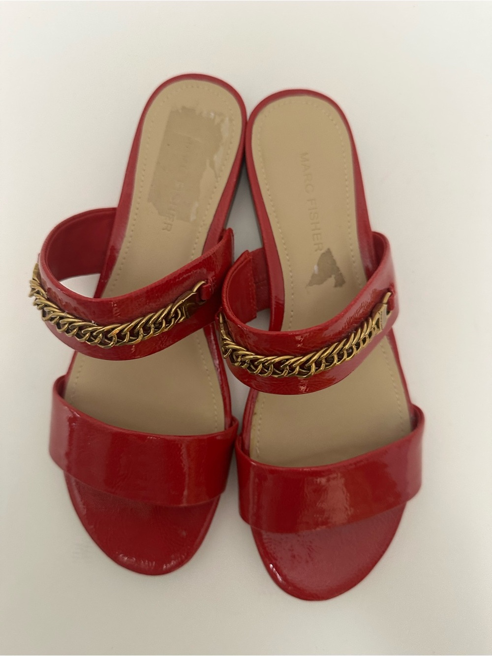 Marc Fisher Red Patent Slide Sandals with Gold Chain Detail